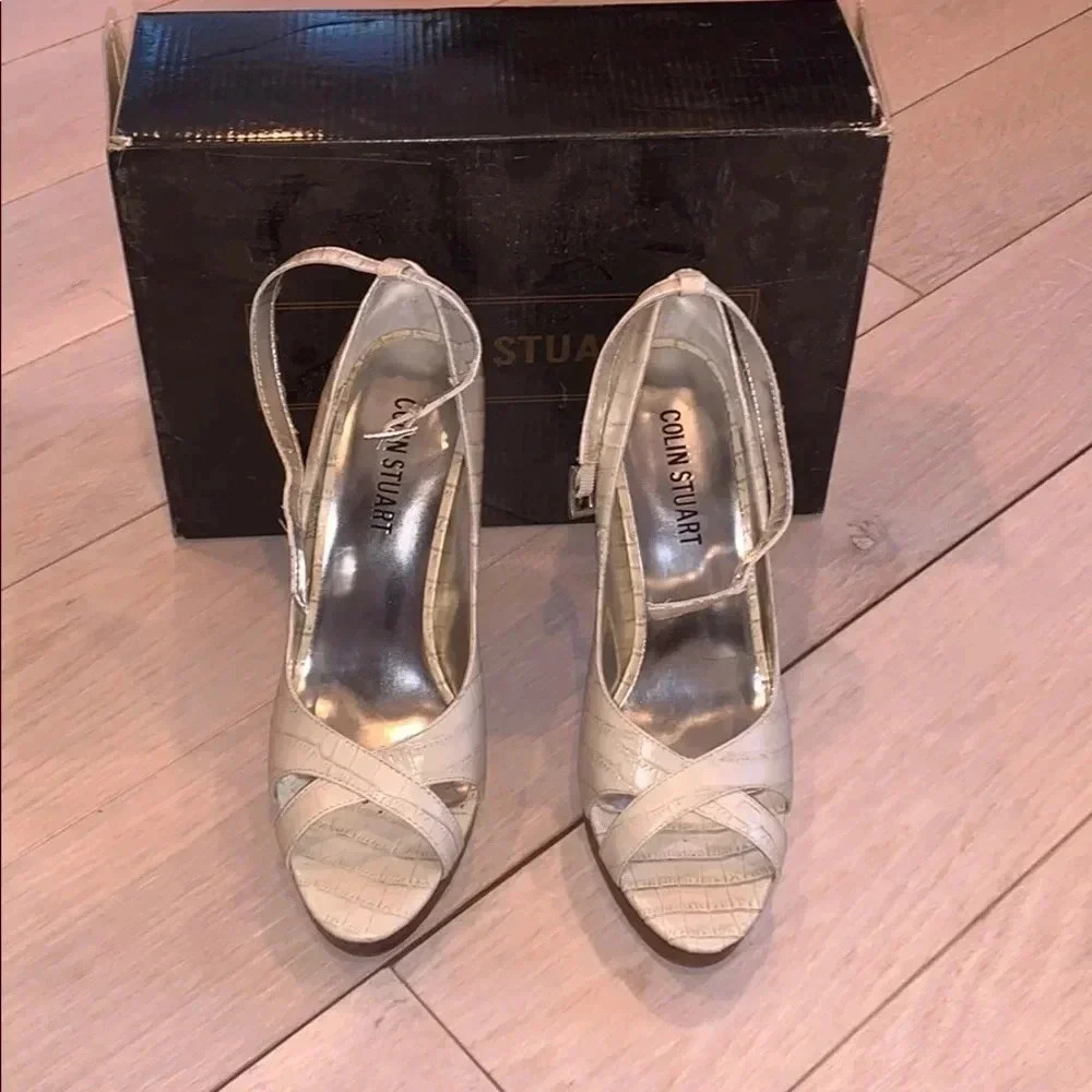 colin Stuart white croc stacked heels